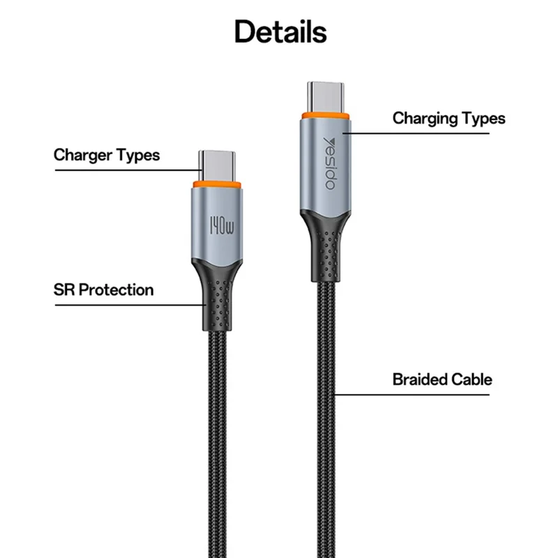 YESIDO CA212 1.2m 140W Fast Charging Braided Type-C to Type-C Cable for Phone Tablet
