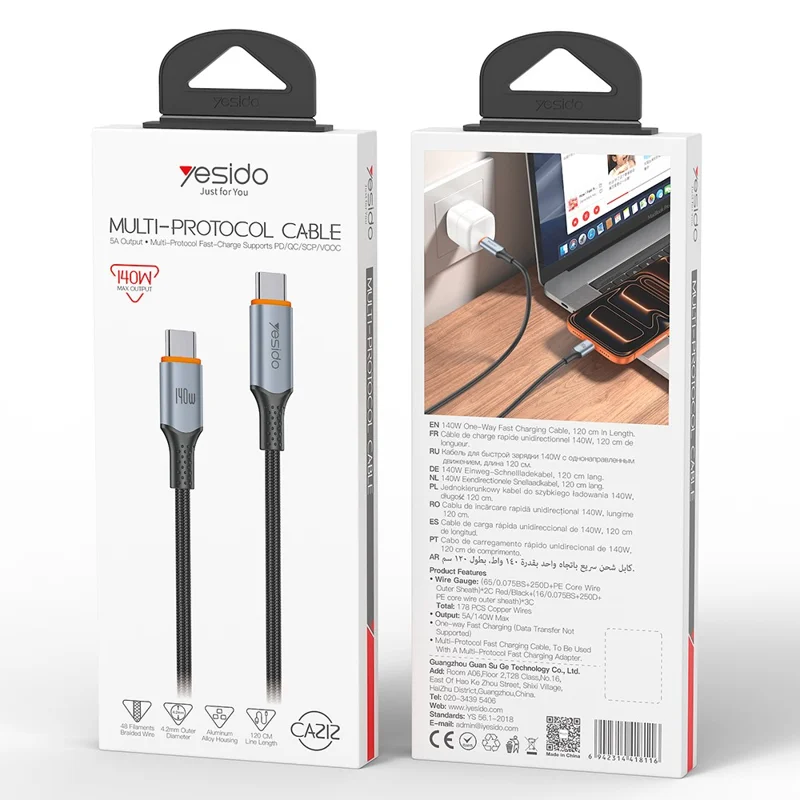YESIDO CA212 1.2m 140W Fast Charging Braided Type-C to Type-C Cable for Phone Tablet