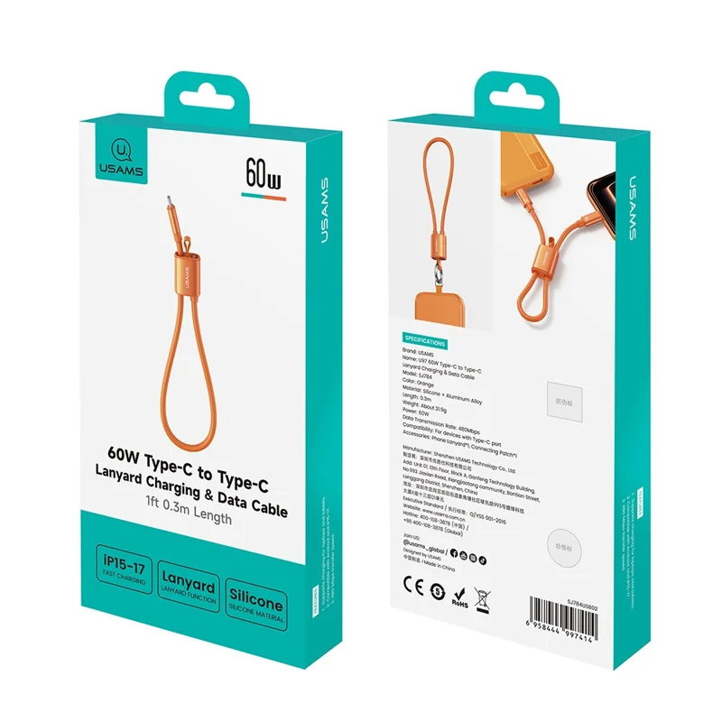 USAMS SJ784 U97 0,3 m 60 W Typ-C auf Typ-C Lanyard-Kabel Schnelllade- und Datenkabel Armband - Orange