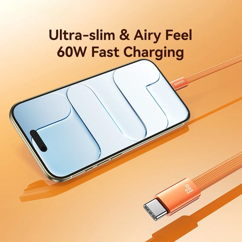 USAMS SJ783 U96 1.2m USB-C to USB-C Cable PD 60W Fast Charging Ultra Slim Braided Data Cable - Orange