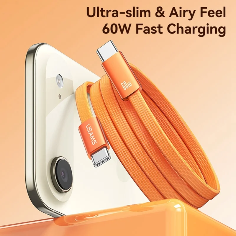 USAMS SJ783 U96 1.2m USB-C to USB-C Cable PD 60W Fast Charging Ultra Slim Braided Data Cable - Orange