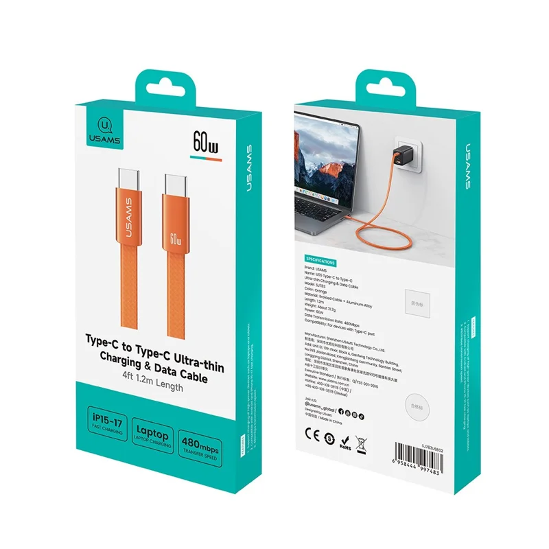 USAMS SJ783 U96 1.2m USB-C to USB-C Cable PD 60W Fast Charging Ultra Slim Braided Data Cable - Orange
