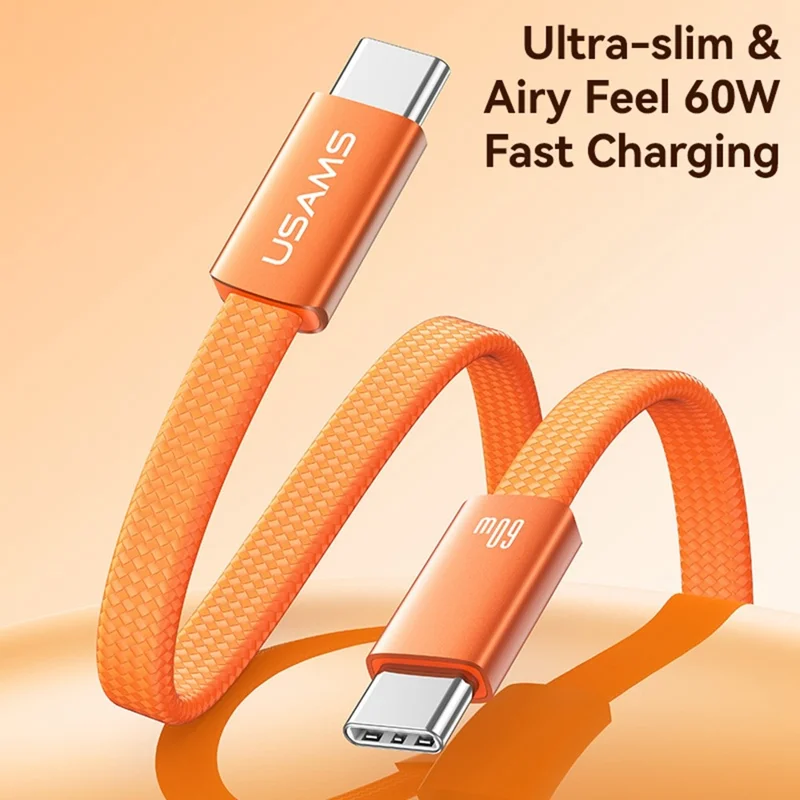 USAMS SJ783 U96 1.2m USB-C to USB-C Cable PD 60W Fast Charging Ultra Slim Braided Data Cable - Orange