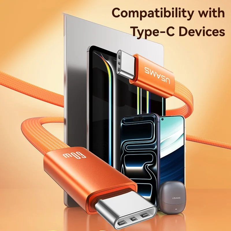 USAMS SJ783 U96 1.2m USB-C to USB-C Cable PD 60W Fast Charging Ultra Slim Braided Data Cable - Orange