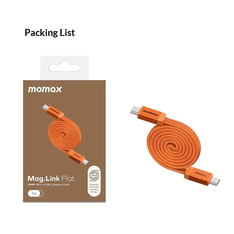 MOMAX DC88 1m 100W USB-C to USB-C Magnetic Braided Cable Flat Charging Data Cable for MacBook iPhone Huawei iPad Samsung - Orange