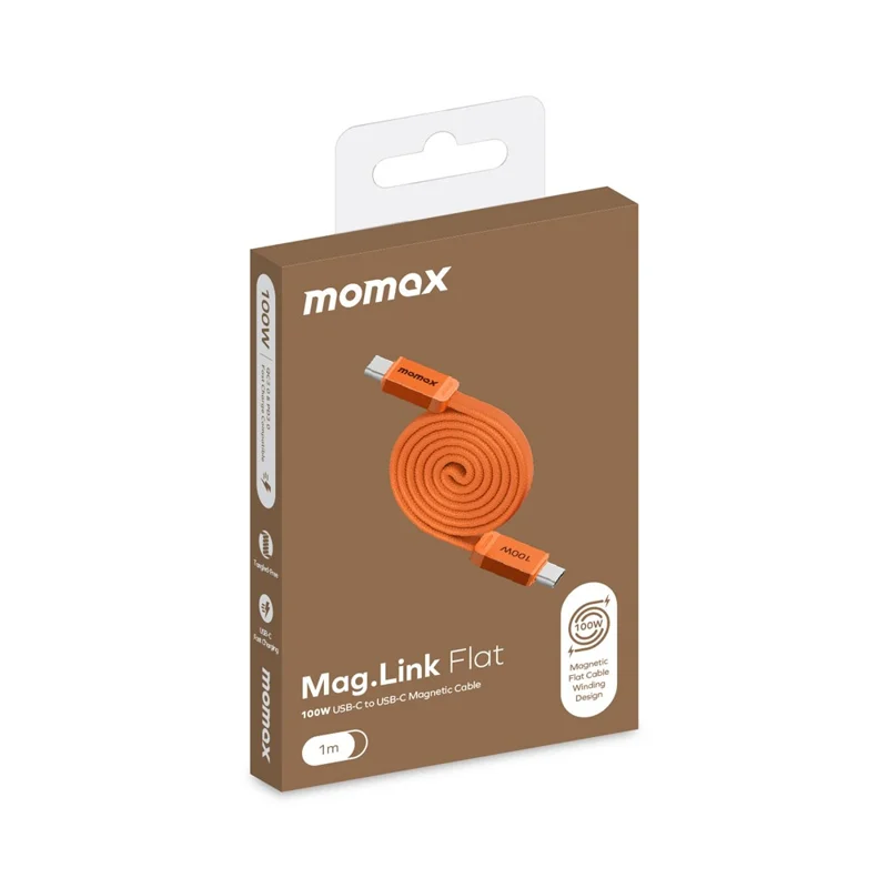 MOMAX DC88 1m 100W USB-C to USB-C Magnetic Braided Cable Flat Charging Data Cable for MacBook iPhone Huawei iPad Samsung - Orange