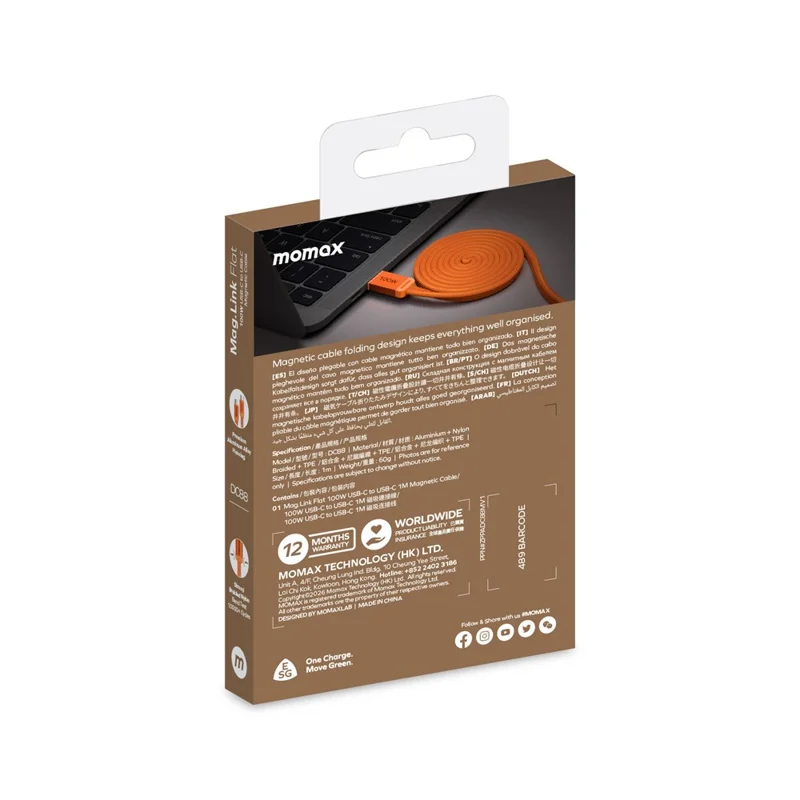 MOMAX DC88 1m 100W USB-C to USB-C Magnetic Braided Cable Flat Charging Data Cable for MacBook iPhone Huawei iPad Samsung - Orange