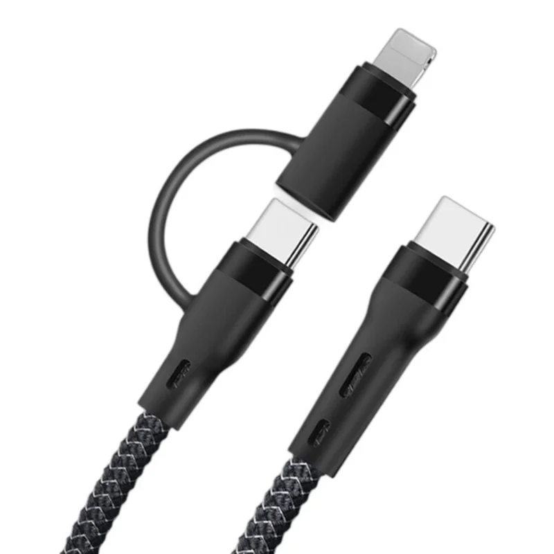 1 м 2 в 1, USB-C на iP / USB-C, кабель быстрой зарядки PD 60 Вт, нейлоновый плетёный кабель для передачи данных — чёрный
