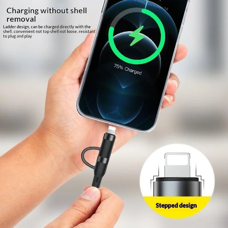 1 м 2 в 1, USB-C на iP / USB-C, кабель быстрой зарядки PD 60 Вт, нейлоновый плетёный кабель для передачи данных — чёрный