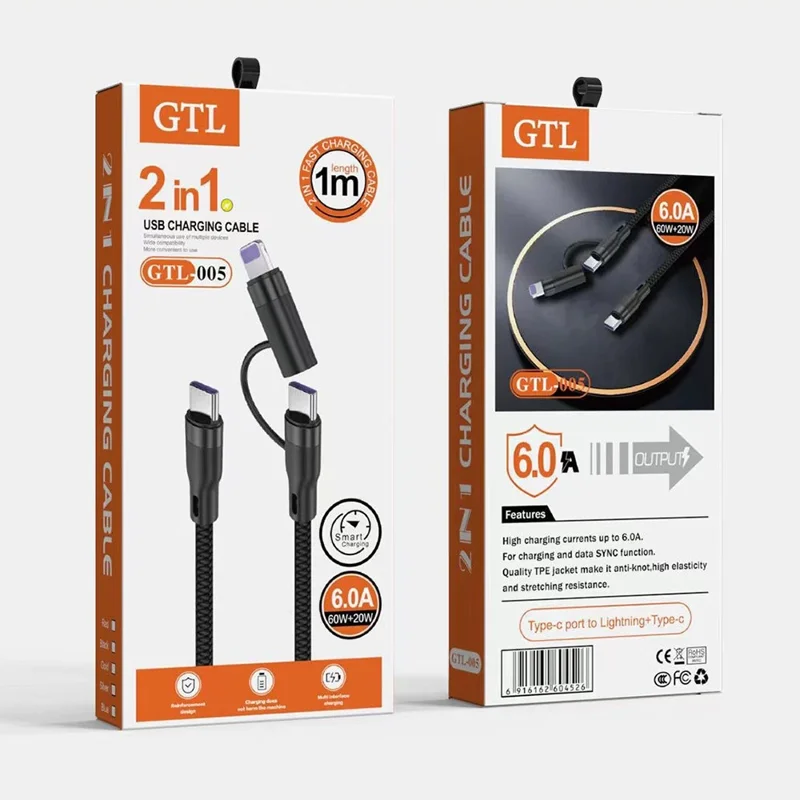 1 м 2 в 1, USB-C на iP / USB-C, кабель быстрой зарядки PD 60 Вт, нейлоновый плетёный кабель для передачи данных — чёрный