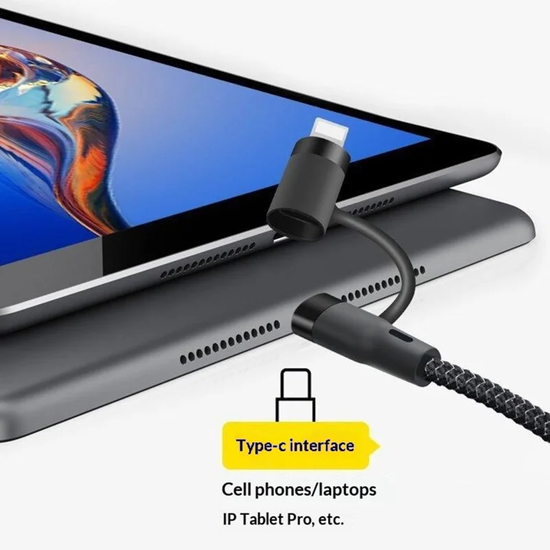 1 м 2 в 1, USB-C на iP / USB-C, кабель быстрой зарядки PD 60 Вт, нейлоновый плетёный кабель для передачи данных — чёрный