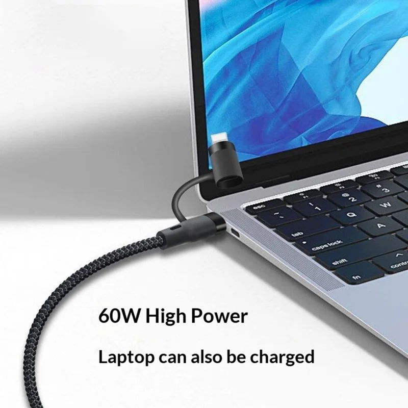 1 м 2 в 1, USB-C на iP / USB-C, кабель быстрой зарядки PD 60 Вт, нейлоновый плетёный кабель для передачи данных — чёрный