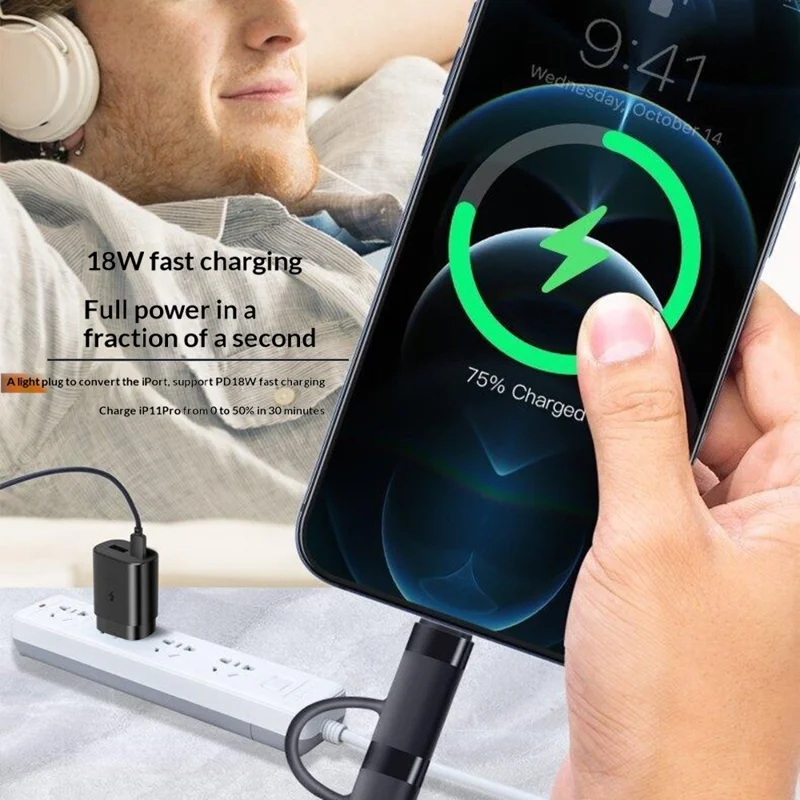 1 м 2 в 1, USB-C на iP / USB-C, кабель быстрой зарядки PD 60 Вт, нейлоновый плетёный кабель для передачи данных — чёрный