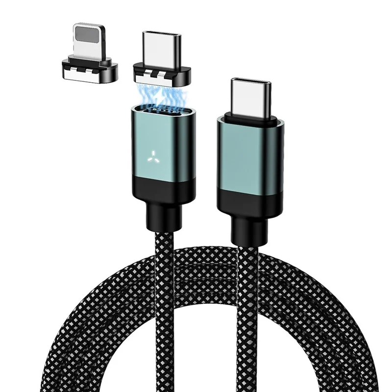 PD65W 2m Magnetic Braided Cable Type-C to Type-C+iP (5-14) 480Mbps Data Sync Charging Cable - Grey Black