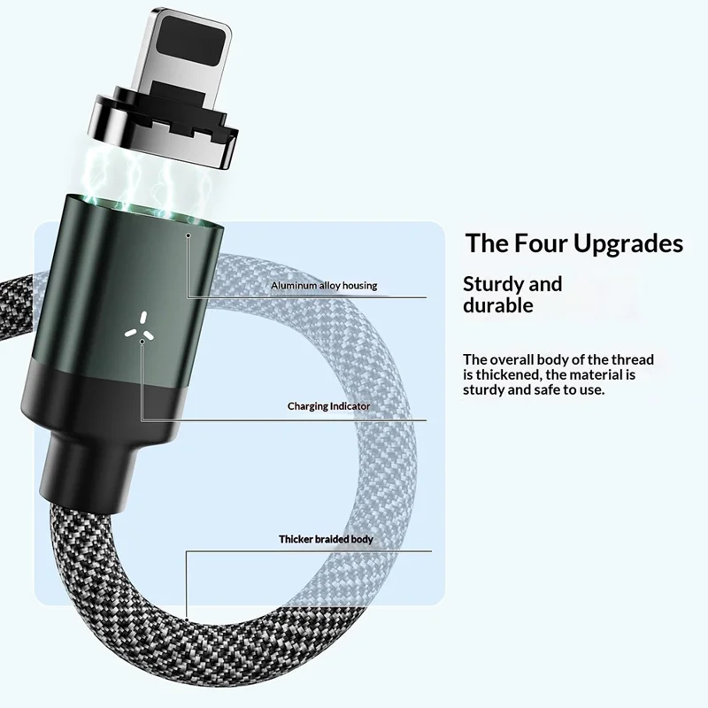 PD65W 2m Magnetic Braided Cable Type-C to Type-C+iP (5-14) 480Mbps Data Sync Charging Cable - Grey Black