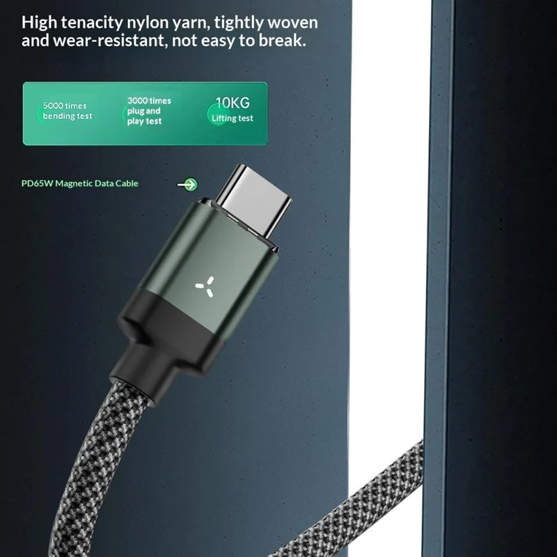 PD65W 2m Magnetic Braided Cable Type-C to Type-C+iP (5-14) 480Mbps Data Sync Charging Cable - Grey Black