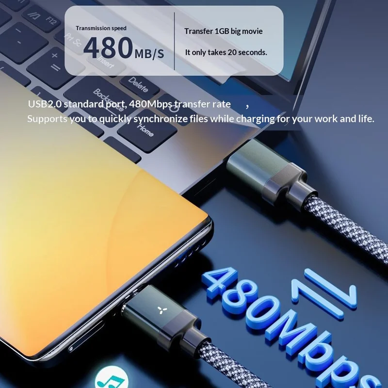 PD65W 2m Magnetic Braided Cable Type-C to Type-C+iP (5-14) 480Mbps Data Sync Charging Cable - Grey Black