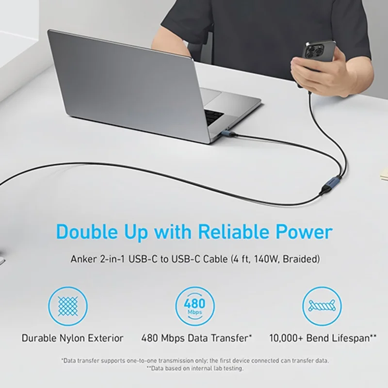 QGEEM CC0082 1.2m USB-C to Dual USB-C Cable 140W PD PPS 2-in-1 Fast Charging Braided Data Wire for Laptop Phone