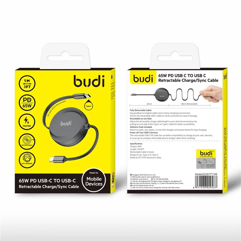 BUDI DC257TT10B 1m PD 65W Carregamento Rápido USB-C para USB-C Cabo Recolhível Cabo de Sincronização de Dados - Preto