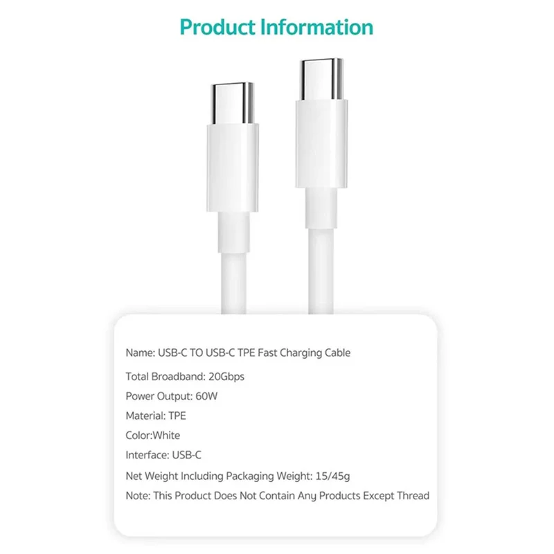 COTECI 32117 1m USB-C to USB-C Fast Charging Cable 60W 20Gbps Data Transfer Wire - White