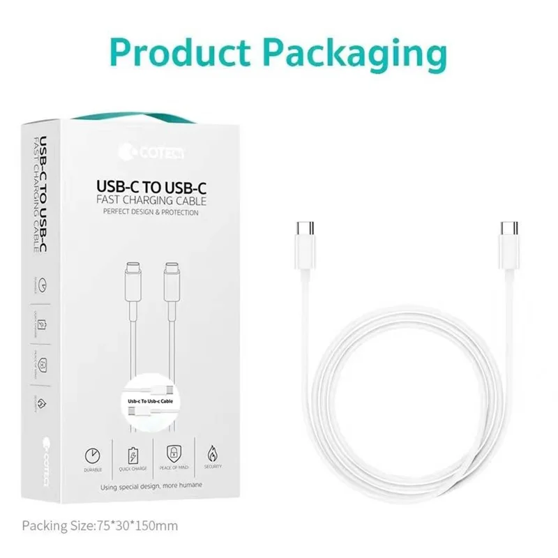 COTECI 32117 1m USB-C to USB-C Fast Charging Cable 60W 20Gbps Data Transfer Wire - White
