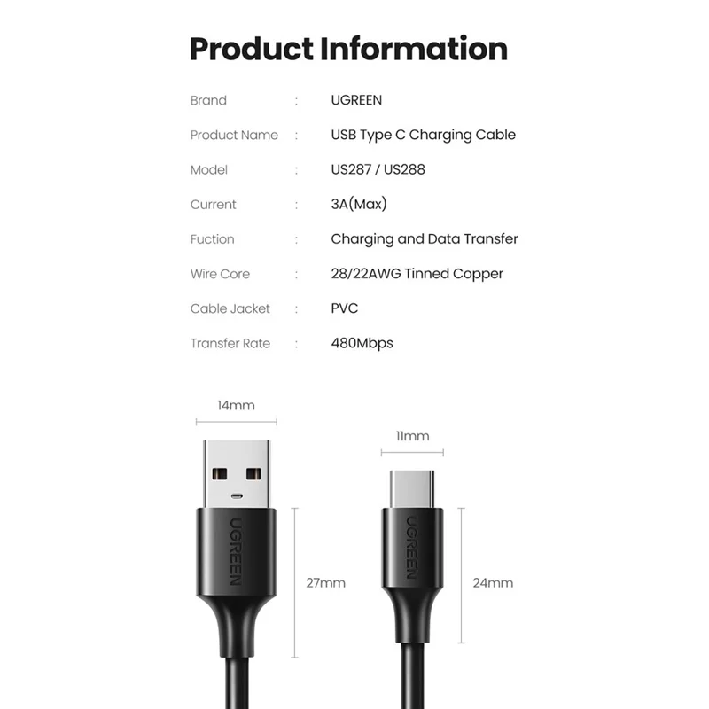 UGREEN US287 60118 2m USB-A to Type-C Cable 3A Fast Charging Data Cable for Phone Tablet - Black