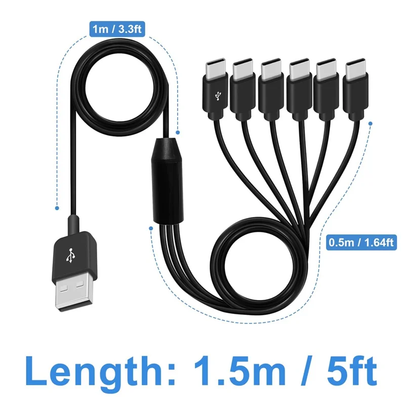 1.5m 6-in-1 USB-A to 6 USB-C Splitter Cable Multi-Device Charging Cable Data Transfer Cable for Phones Tablets