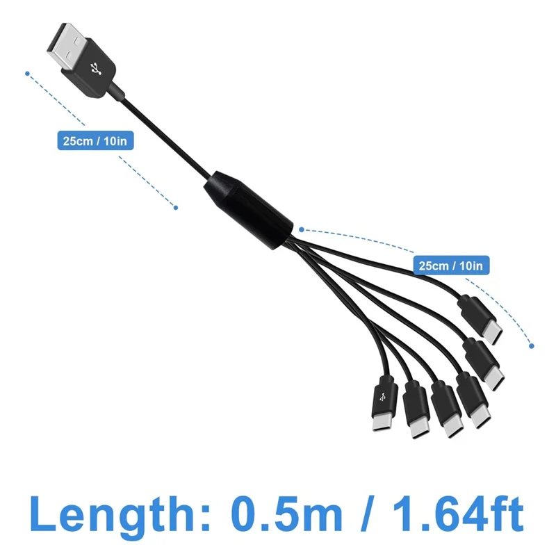 0.5 м 6-в-1 USB-A на 6 USB-C кабель-разветвитель, кабель для одновременной зарядки нескольких устройств, кабель для передачи данных для смартфонов, планшетов