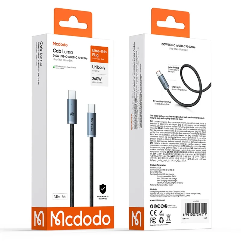 MCDODO CA-708 1.2m USB-C to USB-C Air Cable 240W Fast Charging Cord for MacBook / iPhone - Black