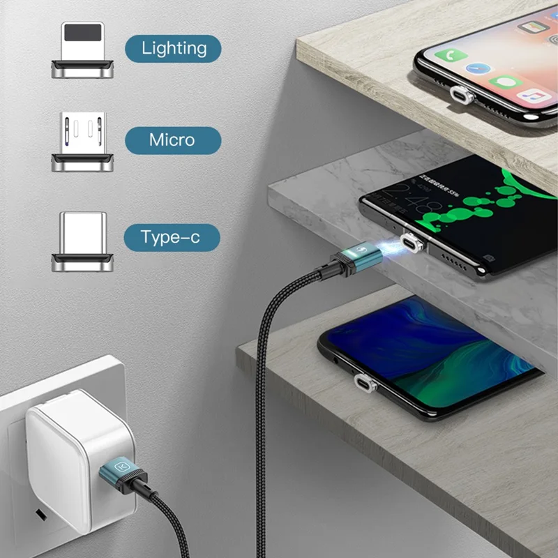 KUULAA KL-X25 1 м 3 А магнитный кабель Type-C / iP (5–14) / Micro USB, 3-в-1, оплетенный шнур для зарядки и передачи данных — черный