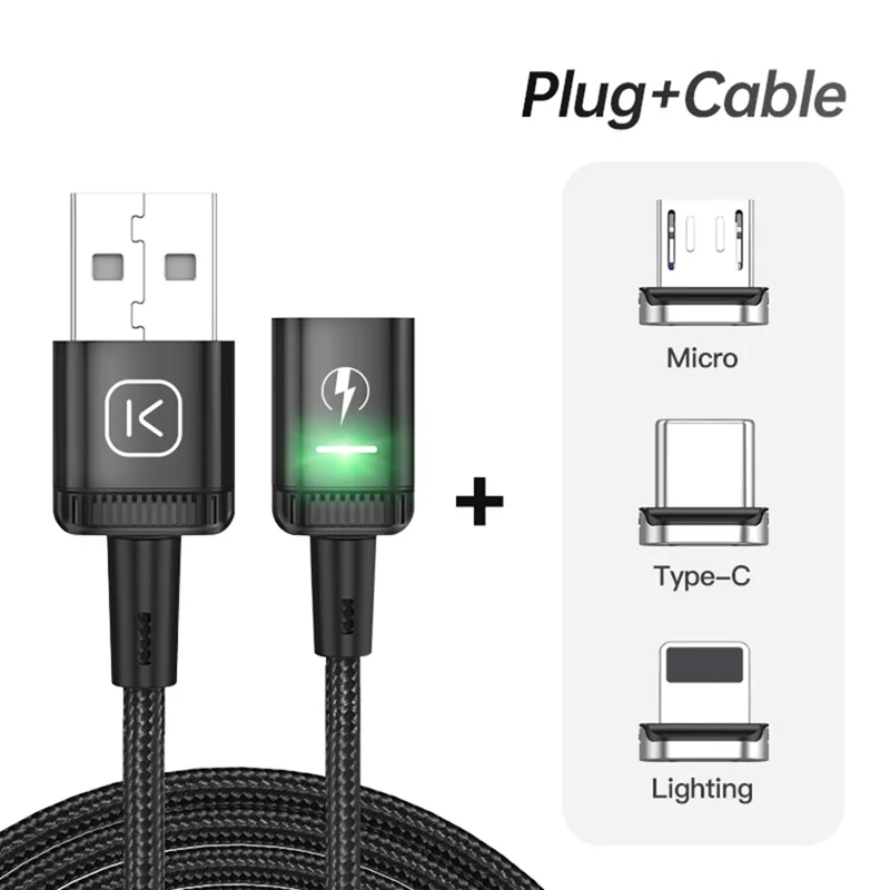KUULAA KL-X25 2 м 3 А магнитный кабель Type-C / iP (5–14) / Micro USB 3 в 1, оплетенный шнур для зарядки и передачи данных — черный