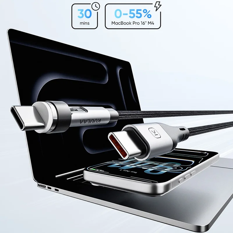 KUULAA KL-X95 1m 2-in-1 240W Magnetic Charging Cable Rotating USB-C  /  iP (5-14) Braided Cord for iPhone - Black