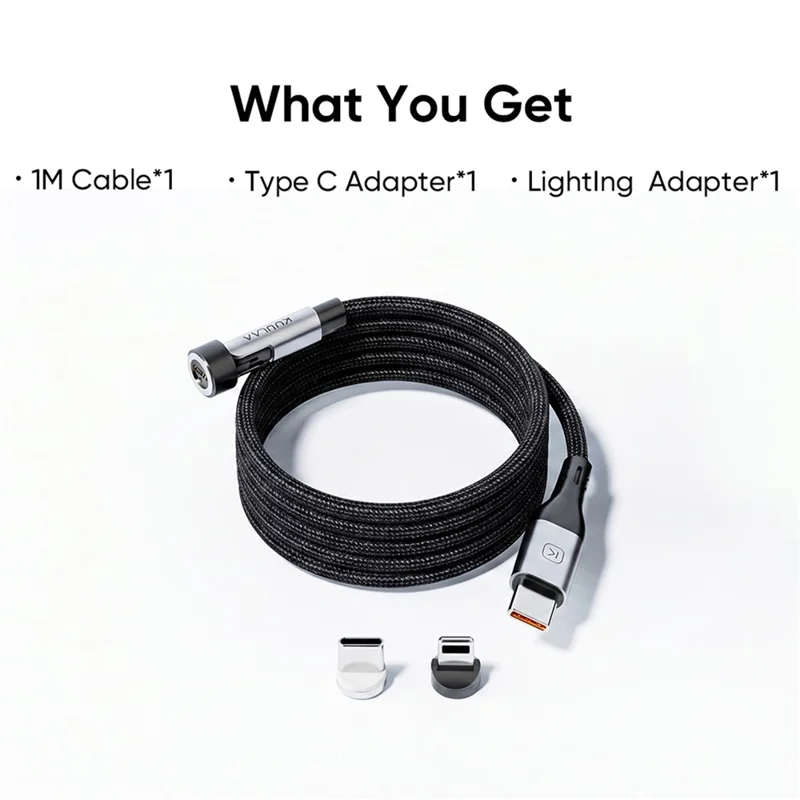 KUULAA KL-X95 1m 2-in-1 240W Magnetic Charging Cable Rotating USB-C  /  iP (5-14) Braided Cord for iPhone - Black