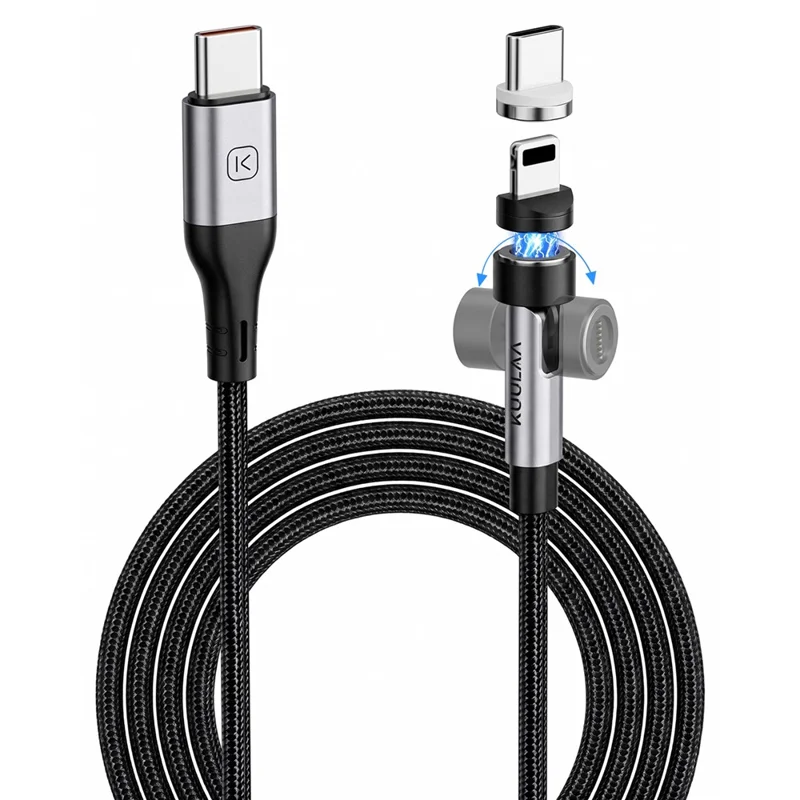 KUULAA KL-X95 2m 2-in-1 240W Magnetic Charging Cable Rotating USB-C  /  iP (5-14) Braided Cord for iPhone - Black