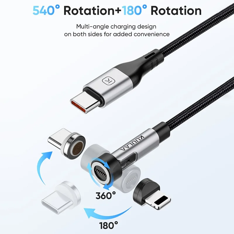 KUULAA KL-X95 2m 2-in-1 240W Magnetic Charging Cable Rotating USB-C  /  iP (5-14) Braided Cord for iPhone - Black