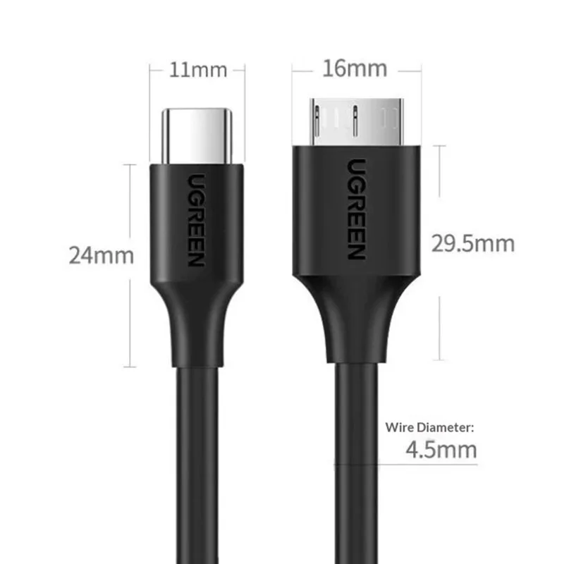 UGREEN 90995 25cm Type-C to Micro-B USB 3.0 Cable 3A Fast Charging 5Gbps Data Transfer Wire for External Hard Drive - Black