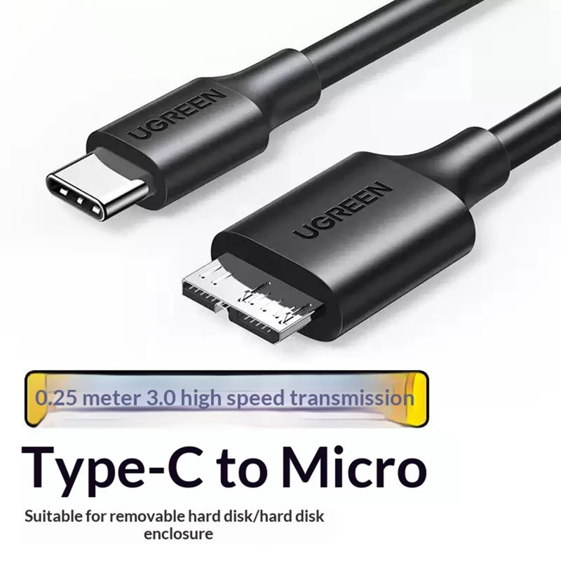 UGREEN 90995 25cm Type-C to Micro-B USB 3.0 Cable 3A Fast Charging 5Gbps Data Transfer Wire for External Hard Drive - Black