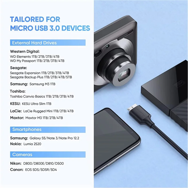 UGREEN 90995 25cm Type-C to Micro-B USB 3.0 Cable 3A Fast Charging 5Gbps Data Transfer Wire for External Hard Drive - Black