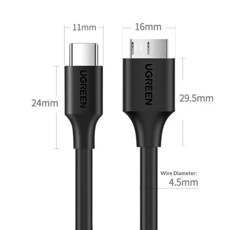 UGREEN 90996 50cm Type-C to Micro-B USB 3.0 Cable 3A Fast Charging 5Gbps Data Transfer Wire for External Hard Drive - Black