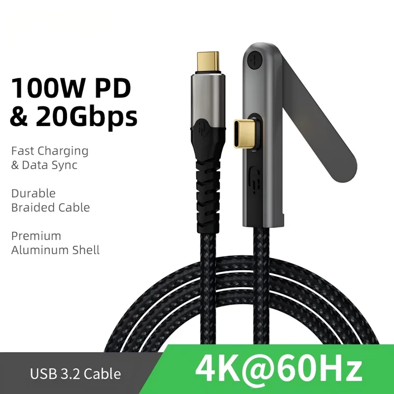 Kabel USB-C 3.2 2 m z składaną podstawką, 4K/60 Hz, szybkie przesyłanie danych 20 Gbps, szybkie ładowanie PD 100 W, przewód do telefonu, tabletu – Czarny
