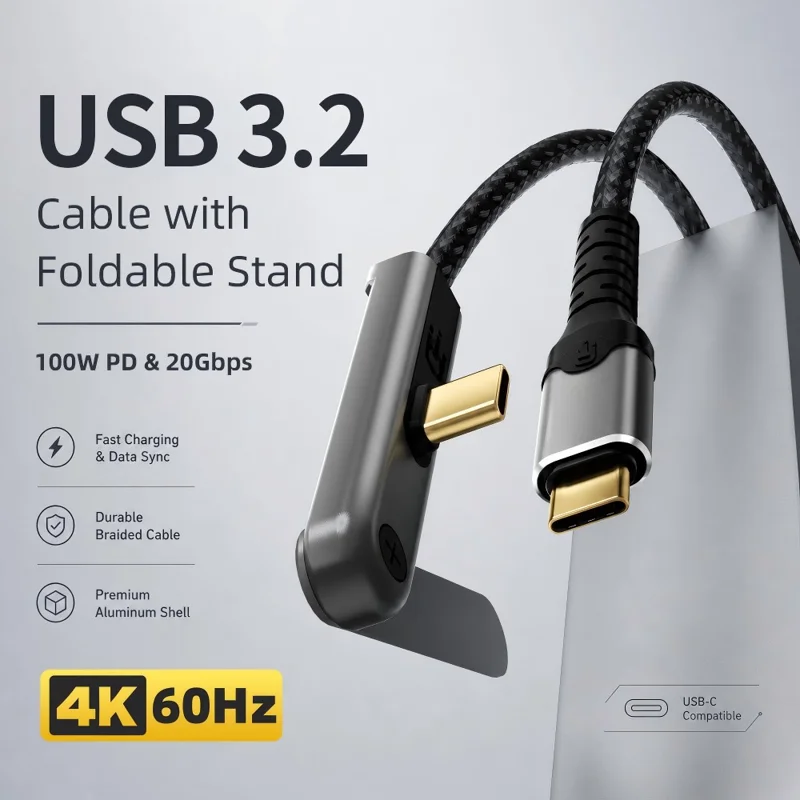 Kabel USB-C 3.2 2 m z składaną podstawką, 4K/60 Hz, szybkie przesyłanie danych 20 Gbps, szybkie ładowanie PD 100 W, przewód do telefonu, tabletu – Czarny