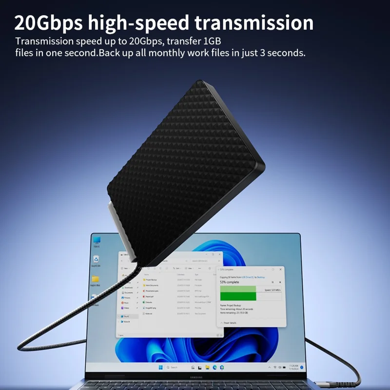 Kabel USB-C 3.2 2 m z składaną podstawką, 4K/60 Hz, szybkie przesyłanie danych 20 Gbps, szybkie ładowanie PD 100 W, przewód do telefonu, tabletu – Czarny