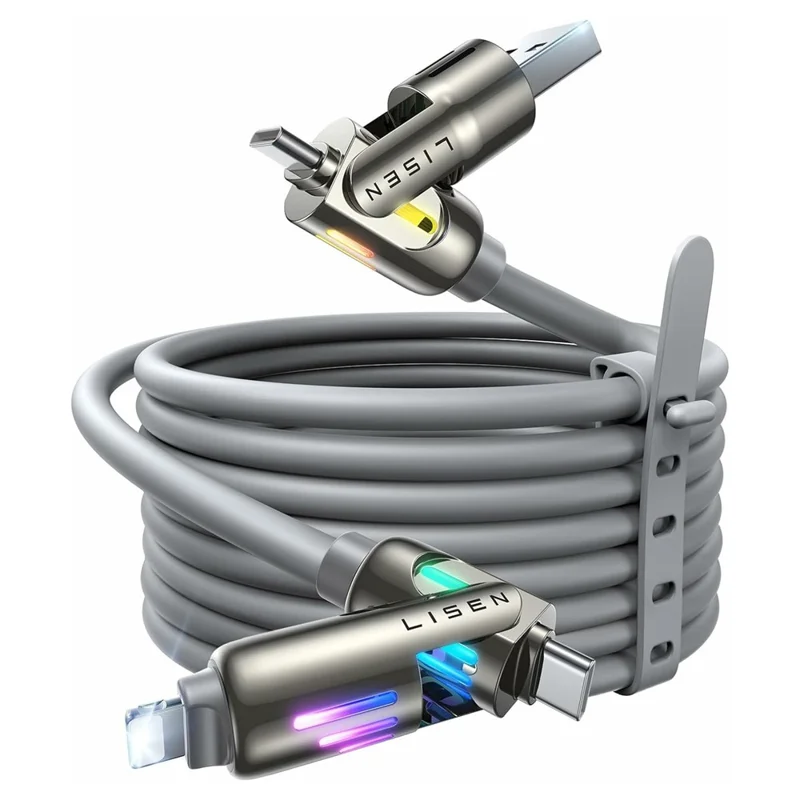 LISEN 240W 2m 4-in-1 USB Cable USB-A  /  USB-C to USB-C  /  iP (5-14) Silicone Fast Charging Date Cable for iPhone Huawei Samsung Xiaomi - Grey