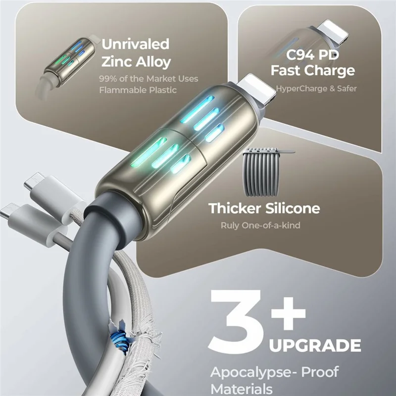 LISEN 240W 2m 4-in-1 USB Cable USB-A  /  USB-C to USB-C  /  iP (5-14) Silicone Fast Charging Date Cable for iPhone Huawei Samsung Xiaomi - Grey