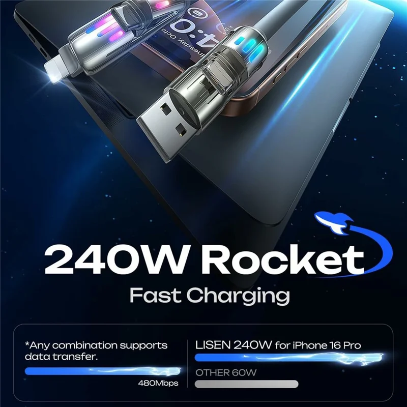 LISEN 240W 2m 4-in-1 USB Cable USB-A  /  USB-C to USB-C  /  iP (5-14) Silicone Fast Charging Date Cable for iPhone Huawei Samsung Xiaomi - Grey
