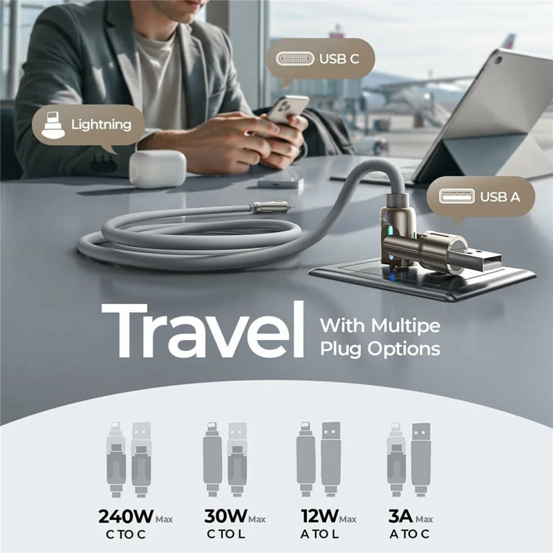 LISEN 240W 2m 4-in-1 USB Cable USB-A  /  USB-C to USB-C  /  iP (5-14) Silicone Fast Charging Date Cable for iPhone Huawei Samsung Xiaomi - Grey