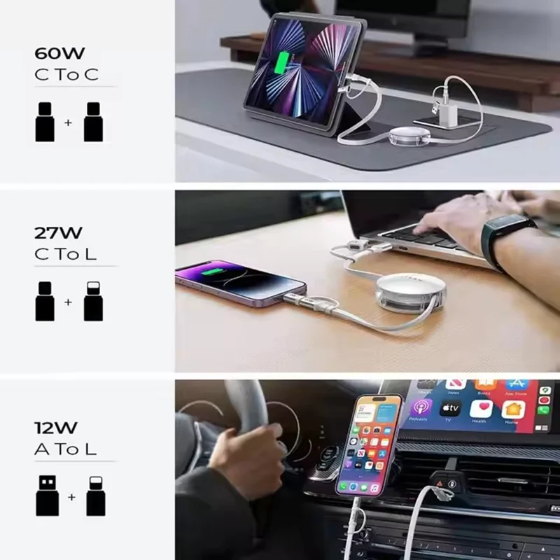 LISEN 5-в-1, съемный зарядный кабель 60 Вт, USB-C / USB-A / iP (5-14), многофункциональный кабель для iPhone 17 / 16 / 15 / 14 / 13 / 12 / 11 Pro / Max Galaxy S26 / S25 / S24 / iPad Pro / Air MacBook