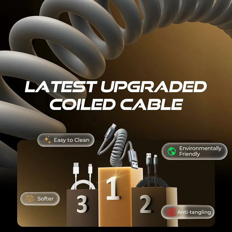 LISEN L114 2Pcs 1.5m USB-A to USB-C Coiled Cable Stable Charging CarPlay High Speed Data Cable for Car - Grey