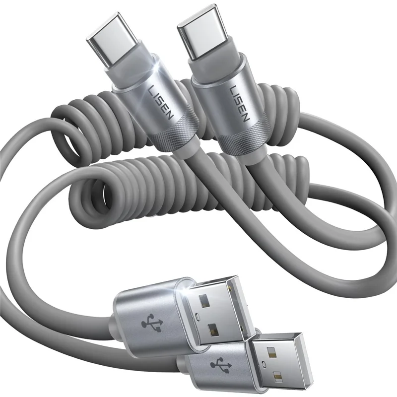 LISEN L114 2Pcs 1.5m USB-A to USB-C Coiled Cable Stable Charging CarPlay High Speed Data Cable for Car - Grey