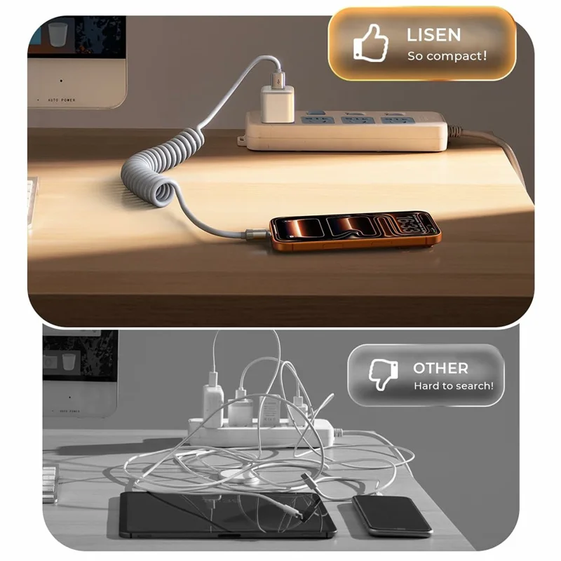 LISEN L114 2Pcs 1.5m USB-A to USB-C Coiled Cable Stable Charging CarPlay High Speed Data Cable for Car - Grey
